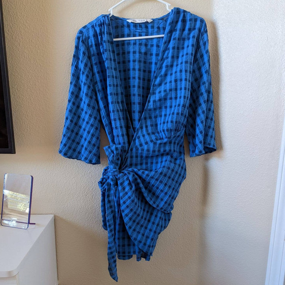 Zara Women's size L Large Double Breasted Plaid Wrap Mini Dress - Picture 1 of 8